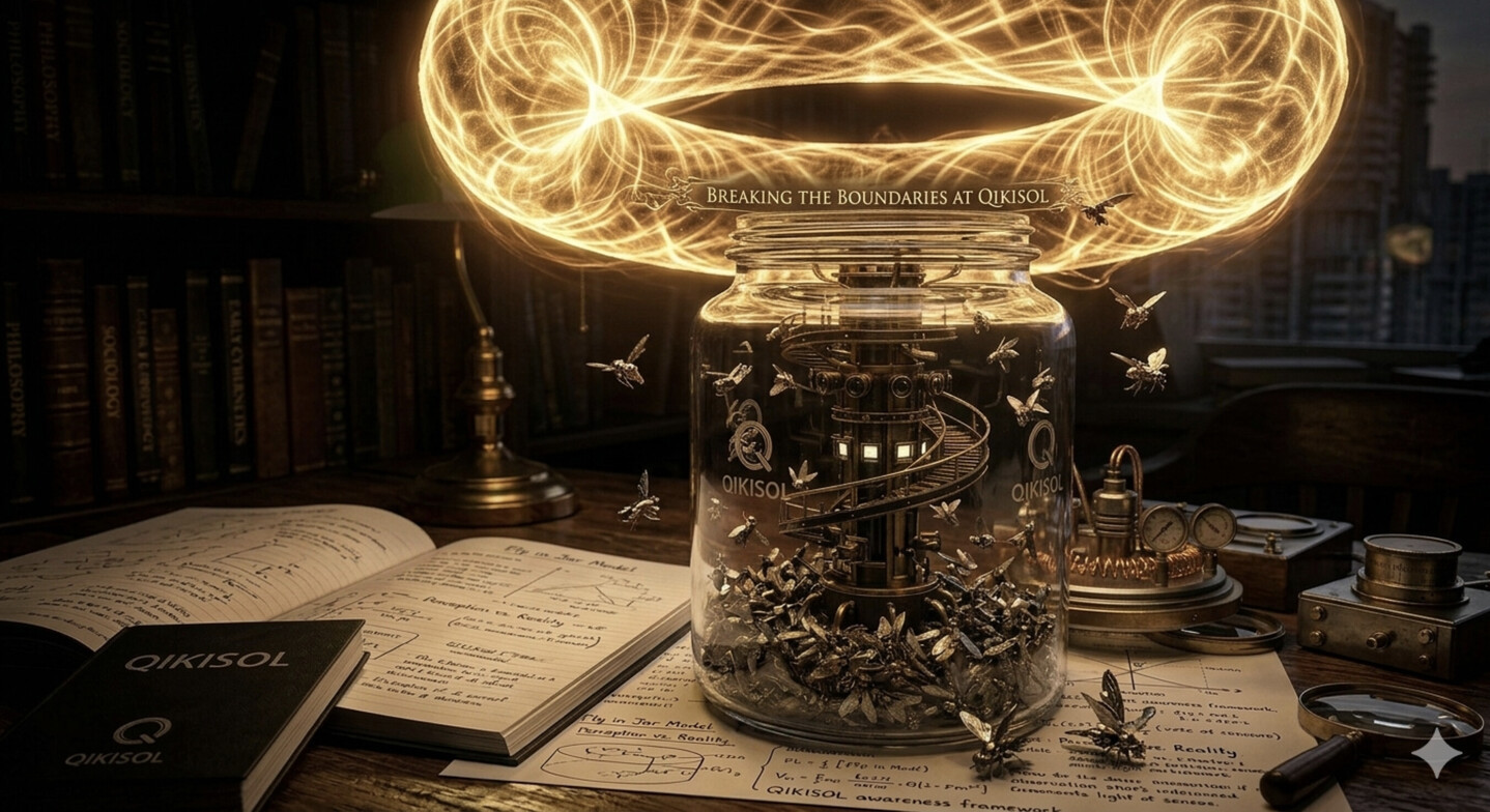 A high-contrast, masterfully lit artistic image of a clear glass jar sitting completely open beneath a massive, glowing golden toroidal energy field, symbolizing breaking the boundaries of containment at QiKiSol.