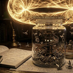 A high-contrast, masterfully lit artistic image of a clear glass jar sitting completely open beneath a massive, glowing golden toroidal energy field, symbolizing breaking the boundaries of containment at QiKiSol.
