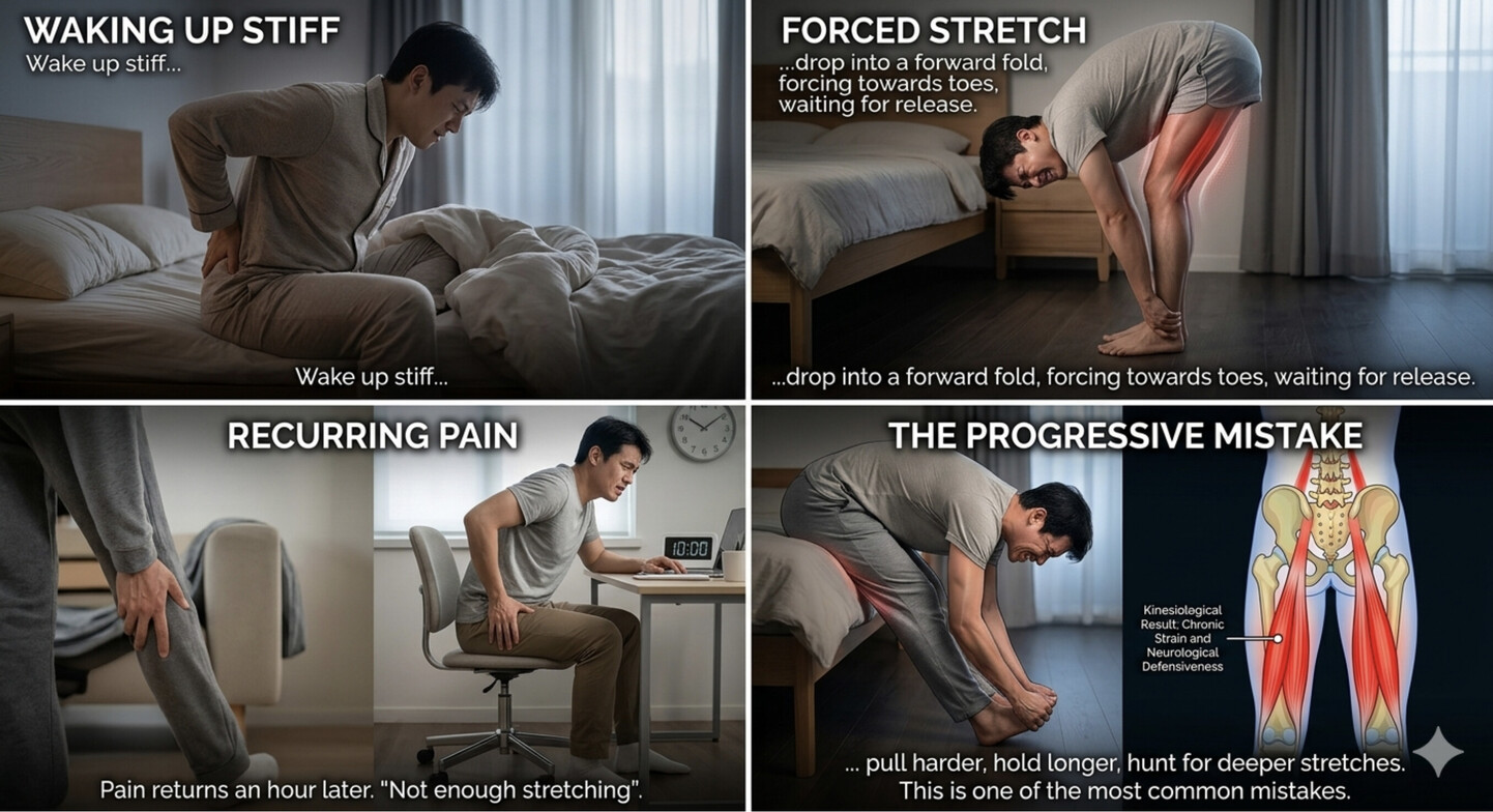 You wake up stiff, drop into a forward fold, and try to force your hands toward your toes, waiting for that tight sensation in the back of your legs to release.