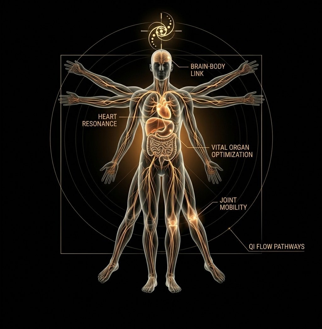Gold Vitruvian figure showing the brain-body link, heart, organs, joints, and Qi flow pathways